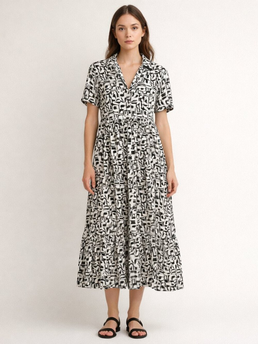 Tahari Linen Geometric Linen Midi Dress Short Sleeve Button Down Size Medium